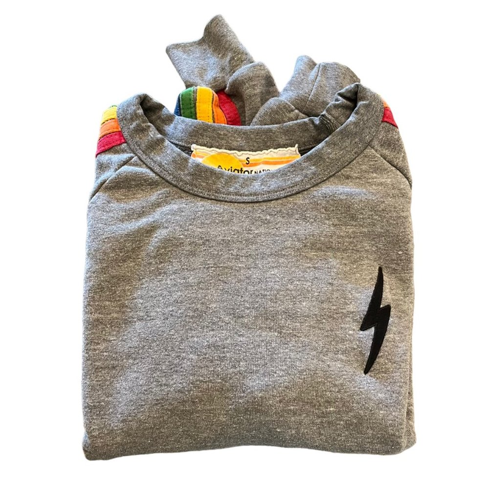 Aviator Nation Gray Cropped Crewneck with Rainbow Sleeve Stripes - Picture 8 of 8